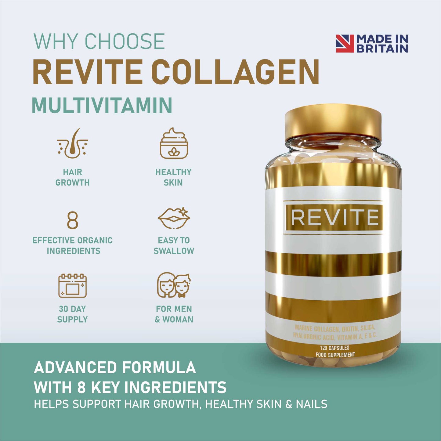 REVITE Marine Collagen Multivitamin - Collagen (marine), Biotin, Silica, Vitamin A, E and C.